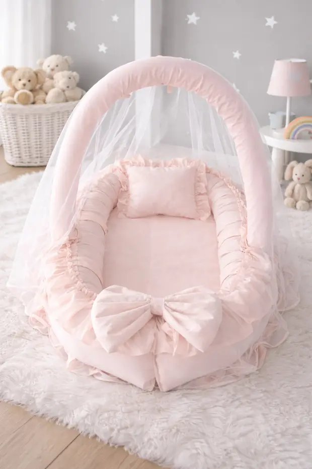 Somon Cibinlik Tüllü - Oyuncak Askılı Lüx Tasarım Fırfırlı Babynest - Güvenli Premium Jaju Babynest
